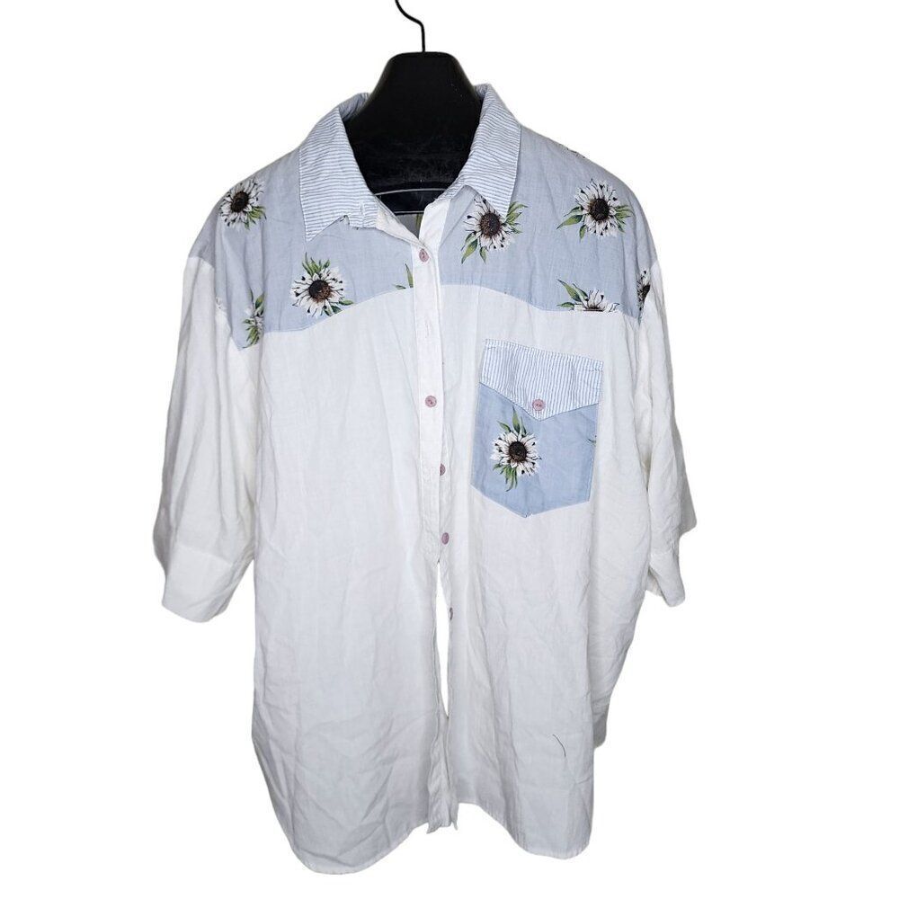Vintage 90s Short Sleeve Sunflower Top Shirt Womens Size 4X White